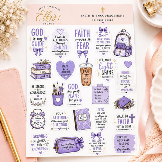 Purple Christian faith and encouragement sticker sheet with Bible verses, prayer and inspirational designs