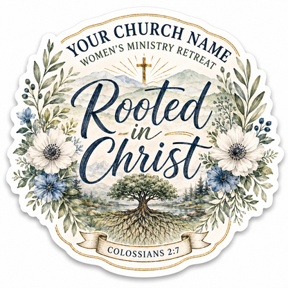 Floral Rooted in Christ personalized church sticker with custom church details