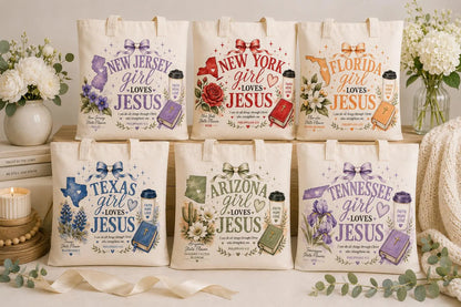 State Girl Loves Jesus Christian tote bag collection with floral faith-inspired artwork