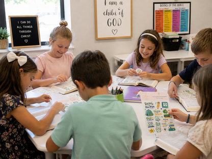 Children using Christian sticker sheets during a Sunday School classroom activity
