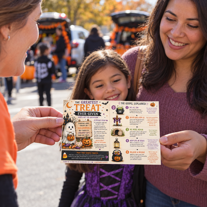 Volunteer distributing a printed gospel tract at a church trunk-or-treat event