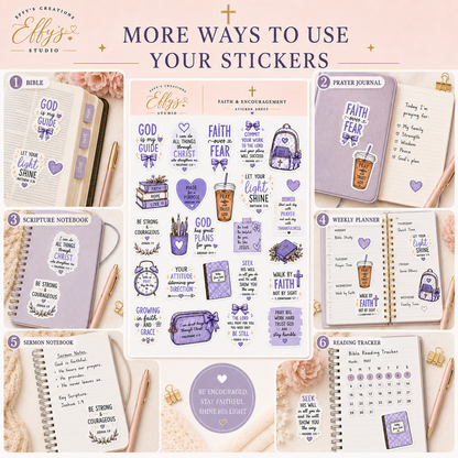 Christian faith stickers used in a Bible, prayer journal, Scripture notebook, weekly planner, sermon notebook and habit tracker.