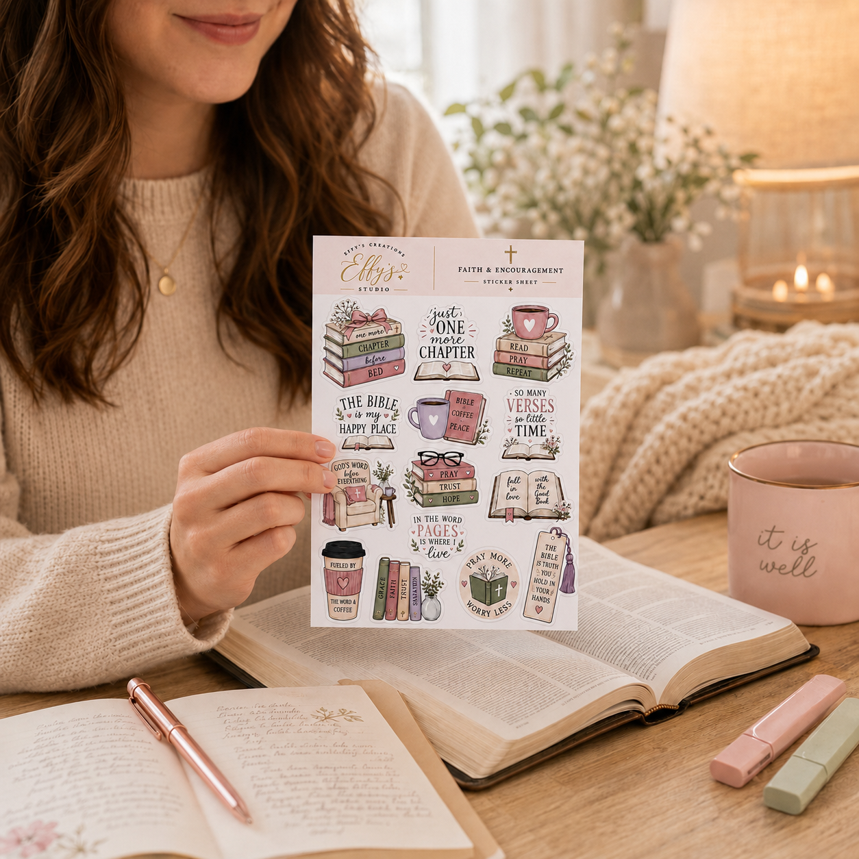 Woman holding a Christian bookish sticker sheet while journaling at a cozy Bible study desk